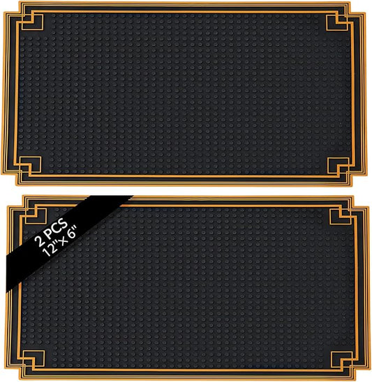 2 Pcs 12 x 6 Inch Bar Mat Non Slip Rubber Mat with Gold Border Durable Stylish Spill Cocktail Service Coffee Mats for Restaurants Barbershop Clippers Bartending, Black