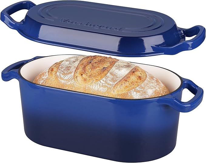 Oval Dutch Oven Pot with Lid, Enamel Coating Cast Iron Bread Pans for Homemade Sourdough Bread Baking, Cooking, 4 Quart, Blue
