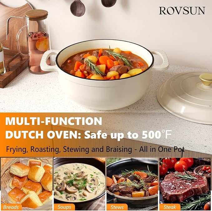 ROVSUN Enameled Cast Iron Round Dutch Oven, 7.5QT Pot with Lid &Dual Handles with Silicone Gloves,Oven Safe up to 500°F, Heavy-Duty Pre-Seasoned Cookware for Bread Baking, Braising, Stews, Roasting,Cream White