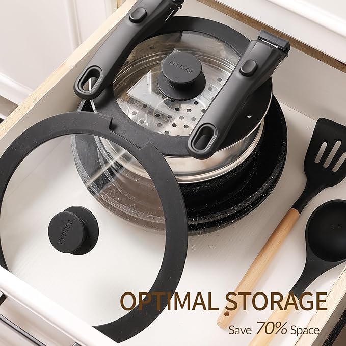 Nonstick Ceramic Cookware Set 21PCS with Detachable Handle, Pans and Pots Set, RV Kitchen Set Cookware Set, Pan Pots with Removable Handles, Oven Safe, Induction Ready(Black)