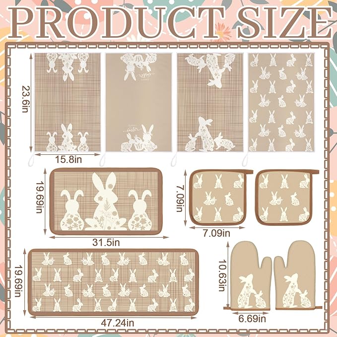 10 Pcs Easter Kitchen Decor Set Easter Kitchen Towels Oven Mitts and Pot Holder Spring Bunny Eggs Flowers Rugs and Mats Brown Rabbit Gloves Potholders for Farmhouse Rustic Baking Cooking BBQ