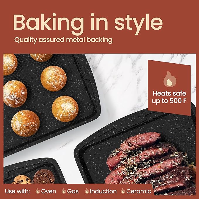 Gray Marble 10-Piece Bakeware Sets, Nonstick Carbon Steel Baking Sheet & Pans, Stackable Space-Saving Bakeware, Dishwasher Safe, Stain-resistant, PFOAPFOSPTFE Free, Oven Safe Up To 450°F (230°C)