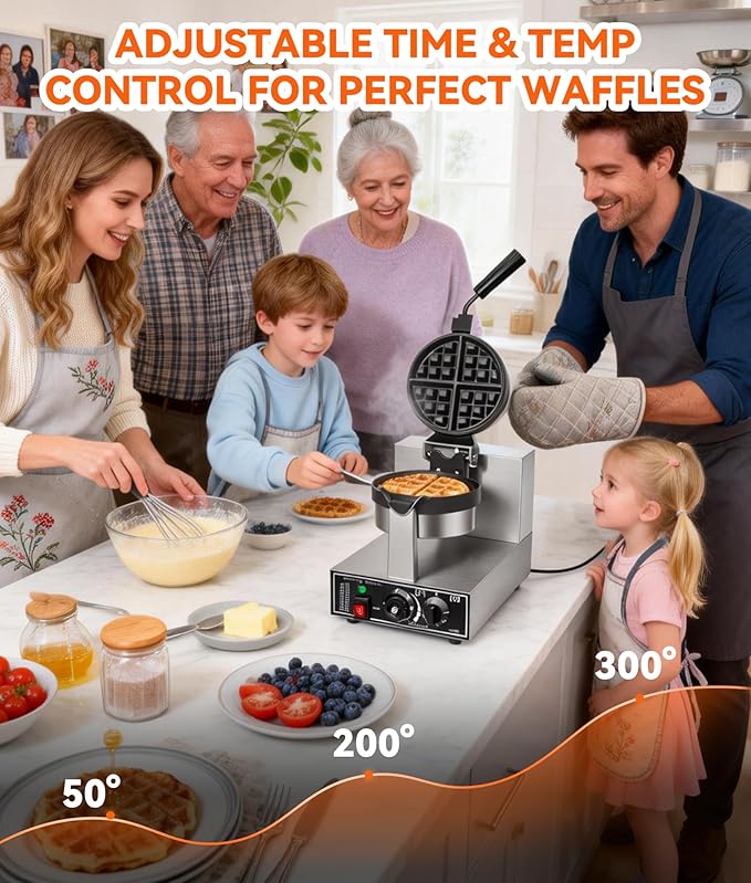 Commercial Waffle Maker, 1300W Round Waffle Iron, Teflon-Coated Non-Stick Baking Pan 180° Rotatable Waffle Baker Machine Stainless Steel Body With Temp and Time Control 110V-120V