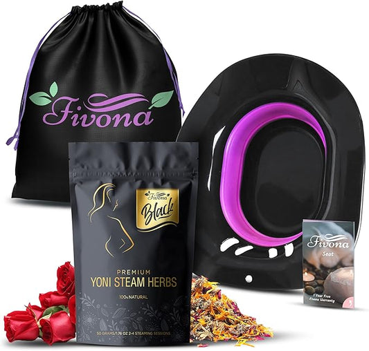 Fivona 3-in-1 Yoni Steam Kit Black - Foldable Over The Toilet Steamer Seat with Herbal Blend and Storage Bag - Effective Detox pH Balance Cleansing and Relaxation - at Home V-SPA
