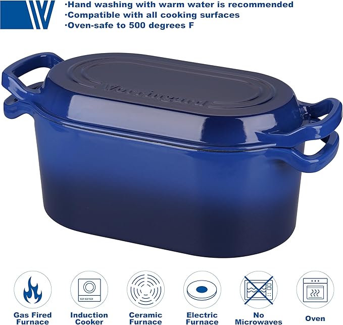 Oval Dutch Oven Pot with Lid, Enamel Coating Cast Iron Bread Pans for Homemade Sourdough Bread Baking, Cooking, 4 Quart, Blue