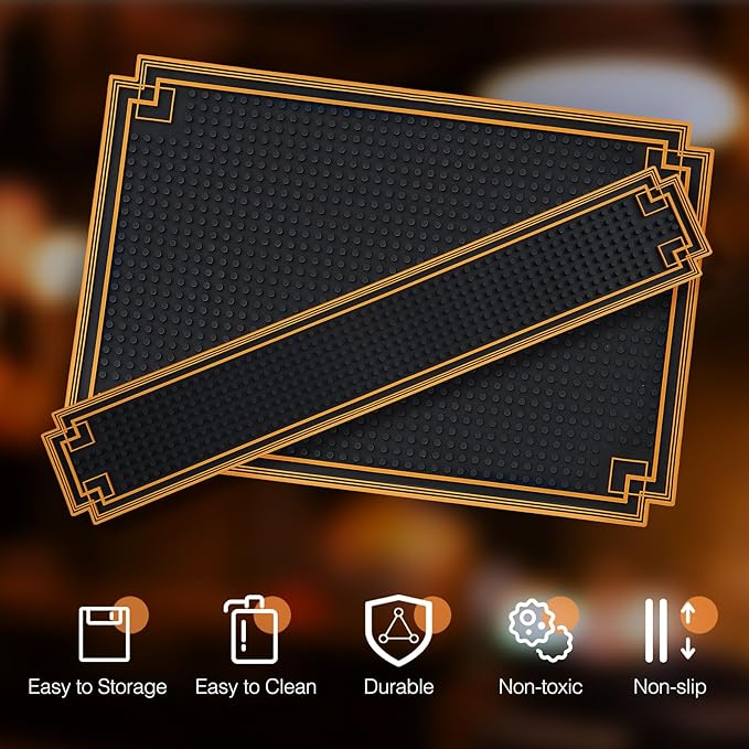 4 Pcs Bar Mat 24 x 4 Inch and 18 x 12 Inch Non Slip Rubber Mat with Gold Border Durable Stylish Spill Cocktail Service Coffee Mats for Restaurants Barbershop Clippers Bartending, Black