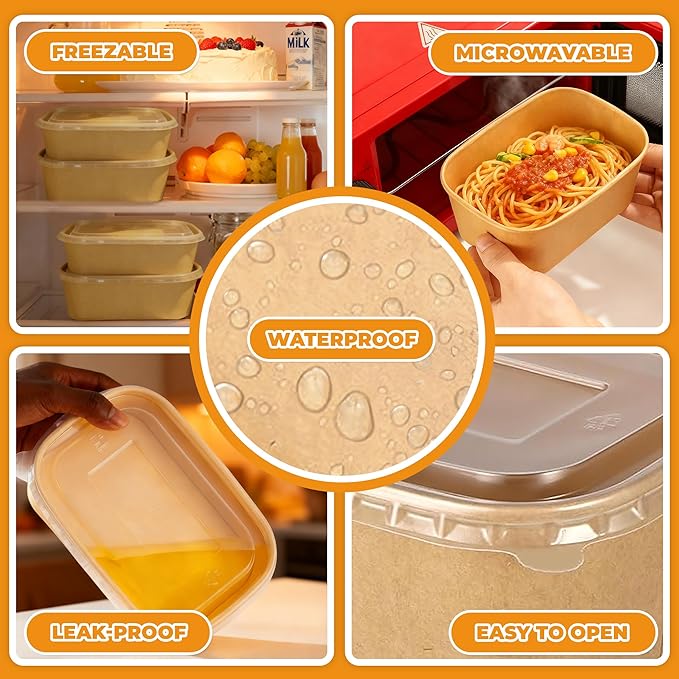 50 Pack 29 OZ Large Paper Bowls with Lids【with Spoons and Forks】, Heavy Duty Disposable Meal Prep Containers for Party, Disposable Bowls Bulk Soak-Proof and Microwave Safe for Hot/Cold Use