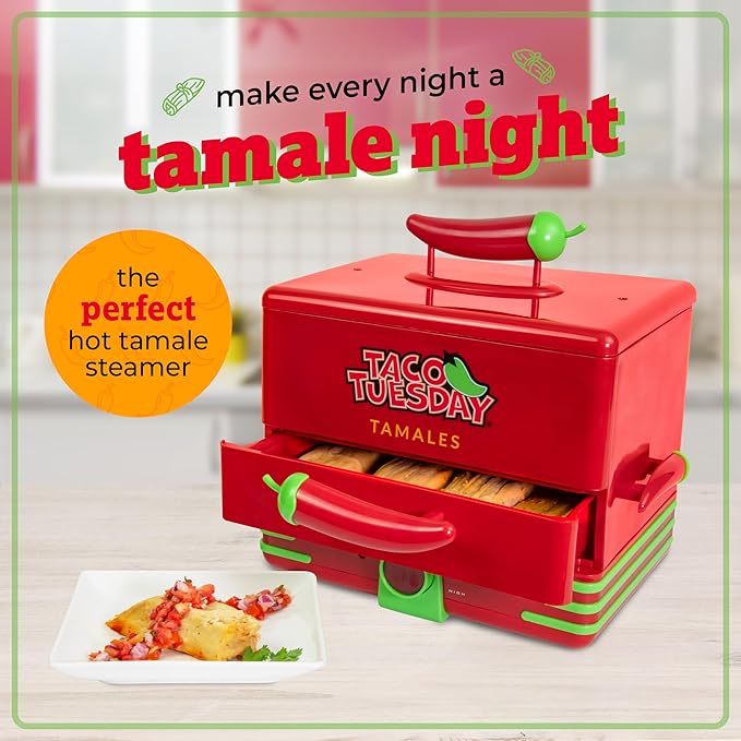 Nostalgia Taco Tuesday Tamales Steamer - Veggie, Pot Sticker, Hot Dog, Egg, & Hot Tamale 2 Tier Food Steamer – Red and Green