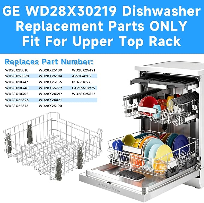 UPGRADED WD28X30219 Dishwasher Upper Rack-SS304 Compatible with General Electric GE Hotpoint Dishwasher Replacement Parts WD28X24397 WD28X23156 WD28X24421 WD28X25190 WD28X26104 Upper Dishrack Assembly