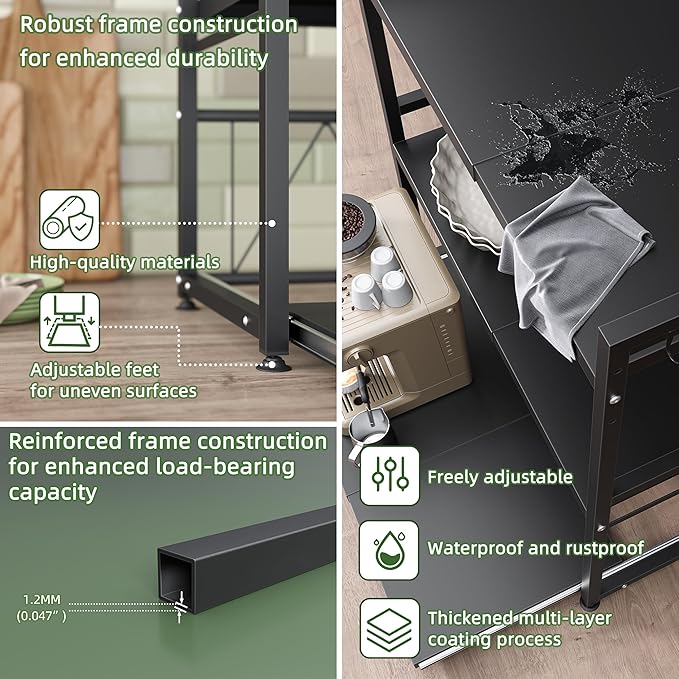 NETEL Expandable Microwave Stand,3 Tier Metal Kitchen Countertop Organizer Shelves with 8 Hooks,Bakers Rack,Pull-Out Microwave Shelf,110lbs Weight Capacity,Black
