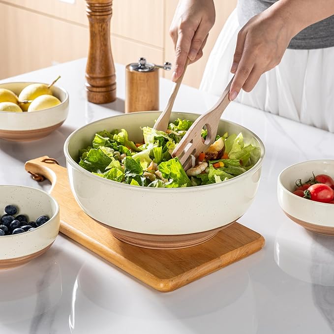 AmorArc 9.8’’ Ceramic Serving Bowls, 90 OZ Extra Large Salad Bowls Set of 2, Stoneware Oversized Bowls with Rustic Terracotta Underside for Salad, Soup and Dinner. Large Bowls for Entertaining &Gift