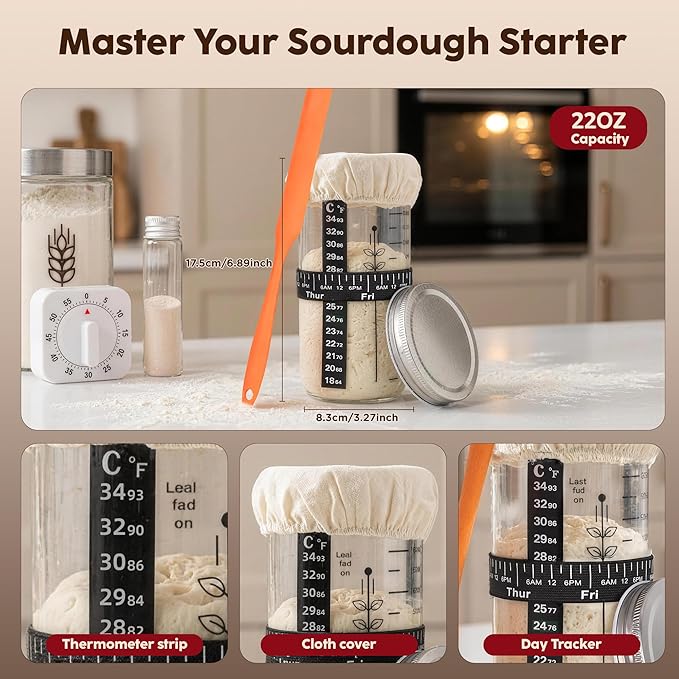 Complete Sourdough Starter Kit with 9" Round & 10" Oval Banneton Proofing Baskets, 22oz Glass Jar, Lame, Whisk, Scraper, Stencils, Slings, Rack, Mat & More – 23-Piece Professional Bread Baking Kit