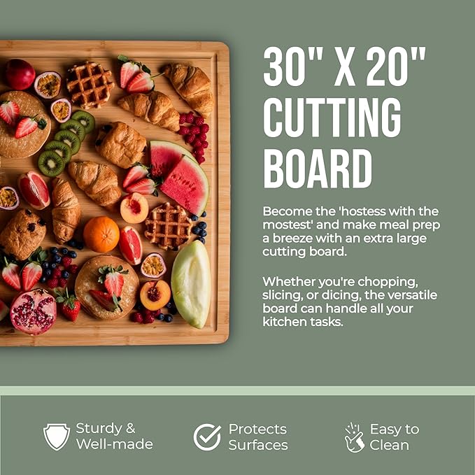Massive Extra Large Cutting Board for Kitchen 30 X 20 for Kitchens - Heavy Duty Bamboo Chopping Boards for Meat, Veg & Charcuterie - Large Wooden Stove Top & Countertop (30" x 20")