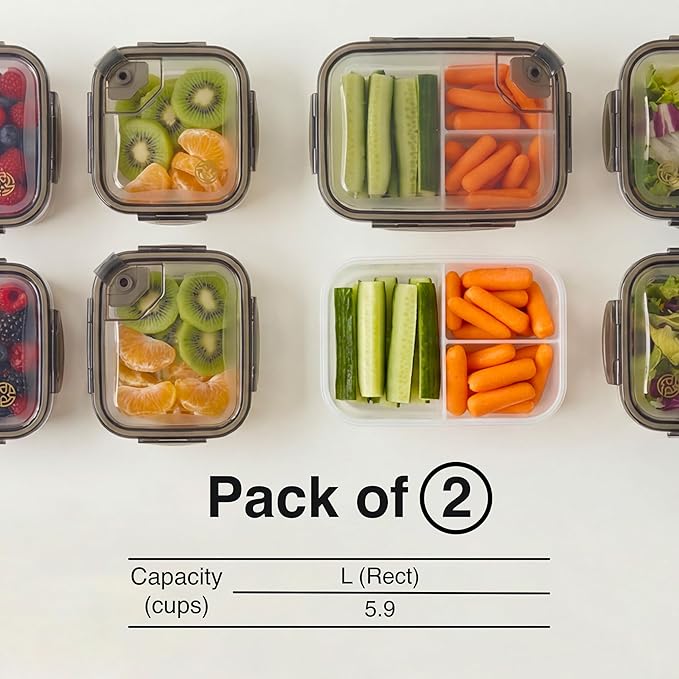 BPA-Free Plastic Airtight Food Storage Containers with Vented Lids, 2-Pack (5.9 Cups Each) for Meal Prep and Leftovers