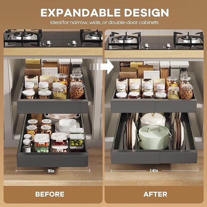 4 Pack Pull Out Cabinet Organizer 21" Deep with Raising Pad for Framed Cabinets, Expandable (9"-14" W) Slide Out Drawers for Kitchen Cabinets with 4pcs Divider Racks, Roll Out Shelves, Black