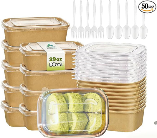 50 Pack 29 OZ Large Paper Bowls with Lids【with Spoons and Forks】, Heavy Duty Disposable Meal Prep Containers for Party, Disposable Bowls Bulk Soak-Proof and Microwave Safe for Hot/Cold Use