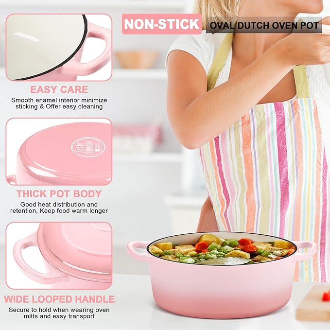 E-far 5QT Oval Dutch Oven Pot with Lid, Enameled Cast Iron Dutch Oven with Dual Handles, Heavy-Duty Cookware for Sourdough Bread Baking, Braising, Stews, Oven Safe & Easy Clean, Pink