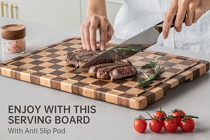 Cutting Boards for Kitchen, Checkered Cutting Board Upgraded, Acacia Wood Chopping Board with Juice Grooves & Handles, Large Butcher Block Serving Tray with Gift Box, 16.5" x 11.6" x 0.8"