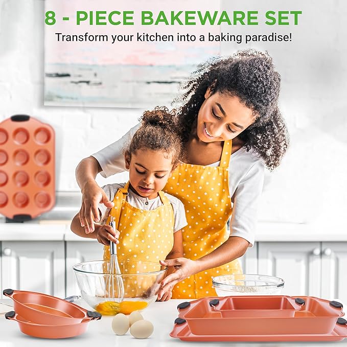 NutriChef 8 Piece Baking Pans Set - Nonstick Carbon Steel Bakeware Set w/ Silicone Heat-Safe Handles - Includes Loaf Pan, Muffin Pan, Cookie Sheets, Pizza Crisper, Roasting Pans - Rose Gold