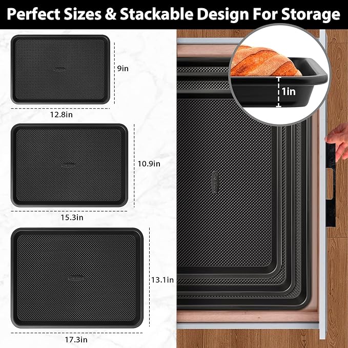 Cookie Sheets for Baking with Cooling Rack Set of 4, 0.8mm Thick Heavy Duty Nonstick Baking Sheets for Air Fryer, Half/Quarter/Jelly Roll Pans for Oven, Oven Trays with Diamond Texture