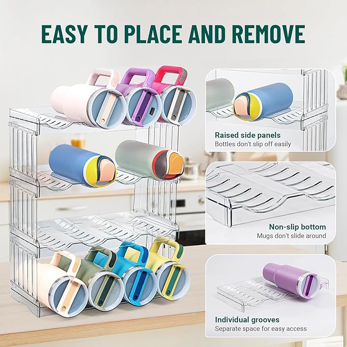 Water Bottle Organizer for Full Stanley 40 oz Tumbler with Handle, Cabinet Kitchen Pantry Organizers and Storage for Owala Stanley Cup Accessories Holder, Patented Stackable Tumbler Organizer Gifts