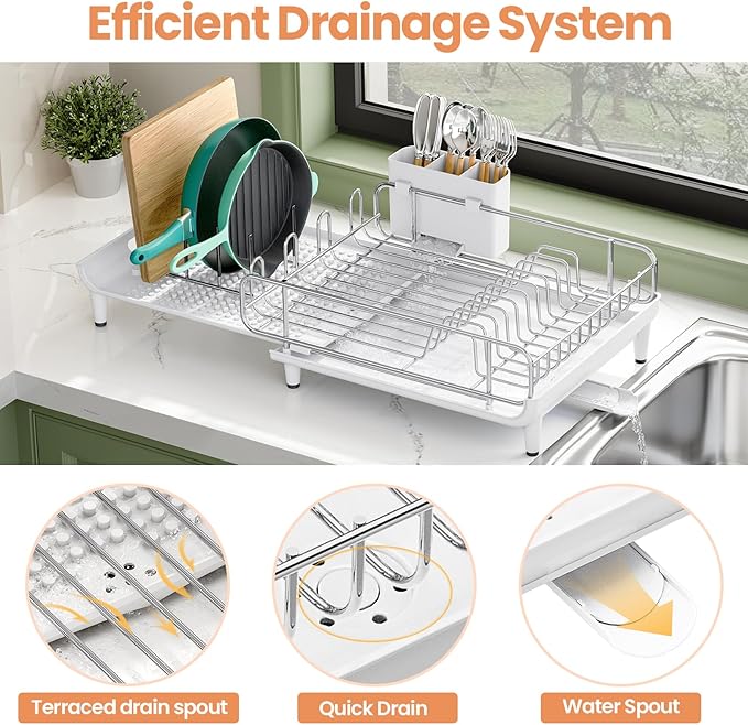 TOOLF Dish Drying Rack - Large Expandable Dish Rack for Kitchen Counter, Stainless Steel Dish Drainer for Kitchen Organization with Cutlery ＆ Cup Holder,White