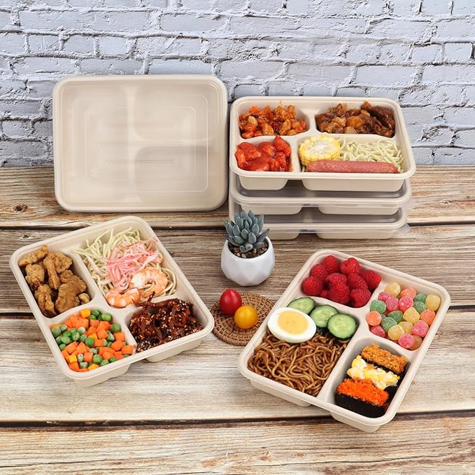 Sugarcane Fiber 23 oz 4 Compartments disposable plates with Lids Bagasse Plant Fibers Freezer Safe 50 PACK