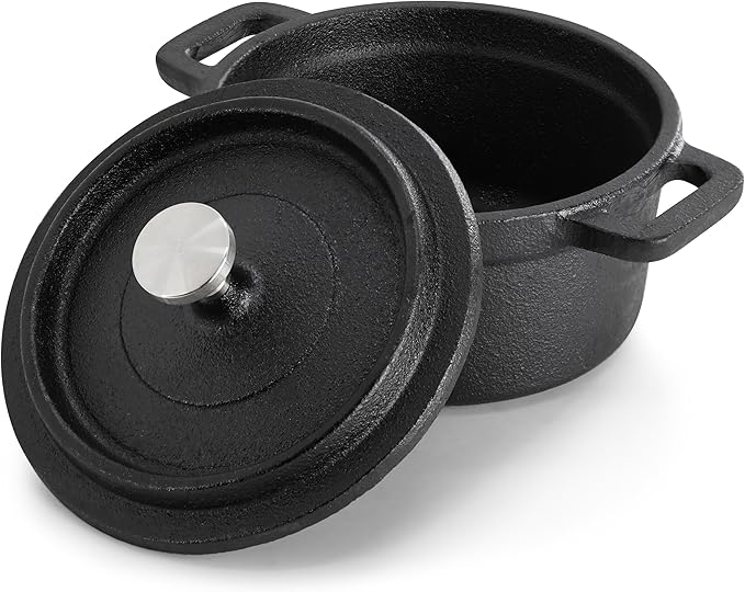 MegaChef Cast Iron 8 Ounce Mini Dutch Oven with Wood Tray, Cookware, Bakeware, Serveware (4 Piece)