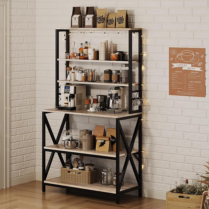 Yaheetech 6-Tier Kitchen Bakers Rack, 31.5 Inch Coffee Bar Table, Farmhouse Microwave Oven Stand Cabinet for Small Spaces, Corner Organizer Storage Shelf for Spices and Pots, Grey