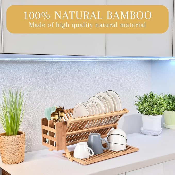 2LB Depot Bamboo Dish Drying Rack - Collapsible Wooden Drainer for Kitchen Counter - Wood Utensil Dryer - Foldable Dish Rack Holder Fit Up to 20 Plates - Folding Wood Kitchen Accessory