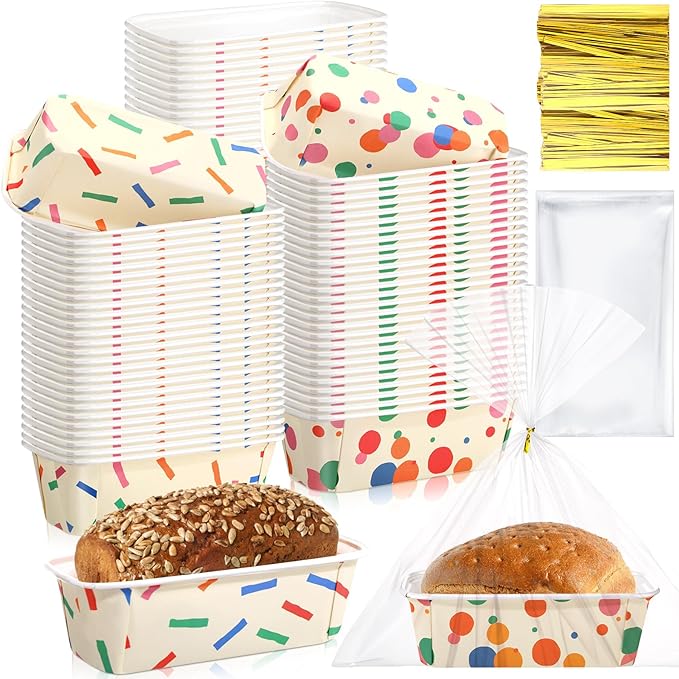 Honeydak 100 Sets Mini Loaf Pans Disposable Holiday Paper Baking Pans Bulk for Baking 6.3 x 2.2 x 2.2 in Mini Loaf Trays with Clear Plastic Packaging Bags and Ties Rectangle Food Trays (Confetti)
