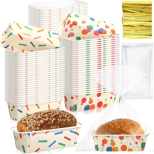 Honeydak 100 Sets Mini Loaf Pans Disposable Holiday Paper Baking Pans Bulk for Baking 6.3 x 2.2 x 2.2 in Mini Loaf Trays with Clear Plastic Packaging Bags and Ties Rectangle Food Trays (Confetti)