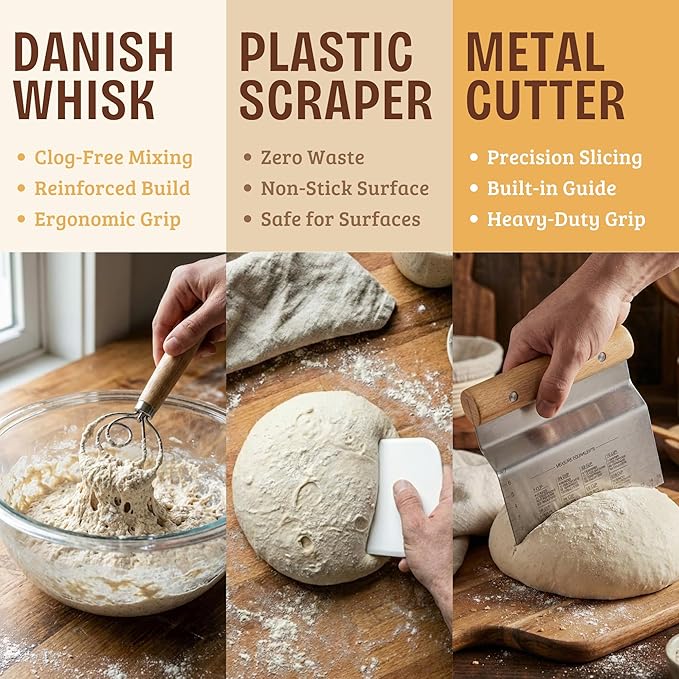Sourdough Starter Kit – Complete Sourdough Bread Baking Supplies with 24oz Glass Sourdough Starter Jar, 9” Round & 10” Oval Banneton Proofing Basket Set, Sourdough Tools