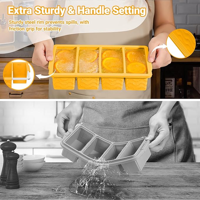 Silicone Freezer Tray for Soup with Lid – 1-Cup Soup Container Cube Style Ice Cube Trays for Freezer, Meal Prep & Food Storage, Freeze 250mL/125mL Portions – 2 Pack