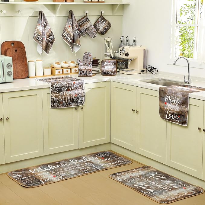 10 Pcs Farmhouse Kitchen Decor Brown Oven Mitts and Pot Holders Sets Vintage Kitchen Dish Towels Rustic Pattern Oven Gloves for Home Decorations Baking Cooking Birthday Summer Gifts