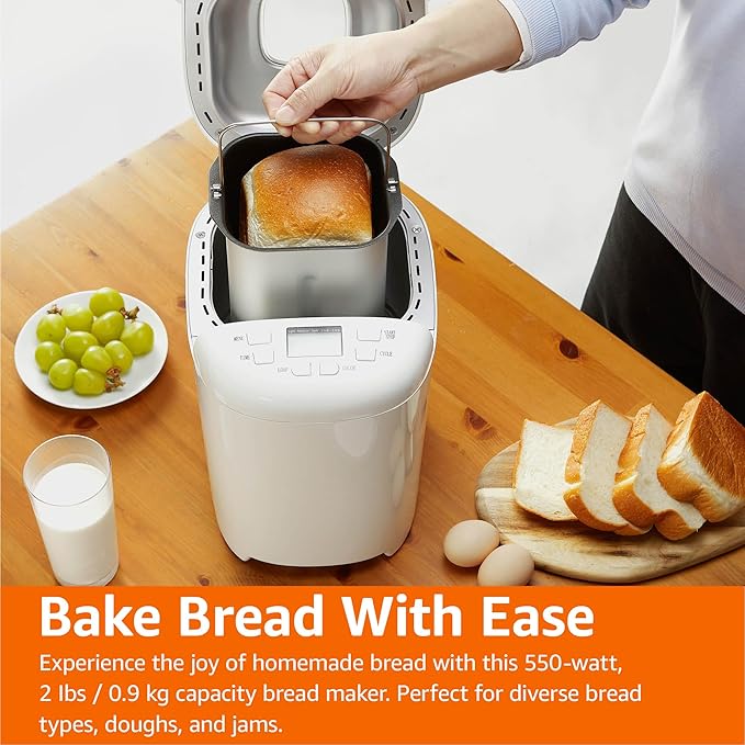 Amazon Basics Programmable Bread Maker, 2 Pound Non-Stick Automatic Bread Making Machine, 14 Settings for Breads, Doughs, Gluten-Free Options, ExpressBake, 3 Crust Colors, LCD Display, White