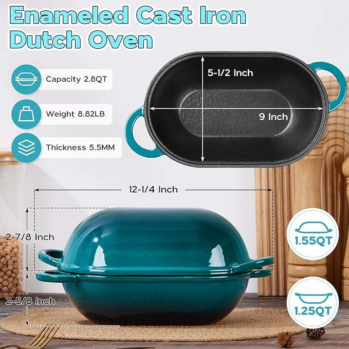 Onader Enameled Cast Iron Dutch Oven for Sourdough Bread Baking, 9x5-1/2 Inch Oval Cast Iron Bread Oven Pan with Lid, 2.8QT Meatloaf Pan, Heavy Duty - Dark Cyan