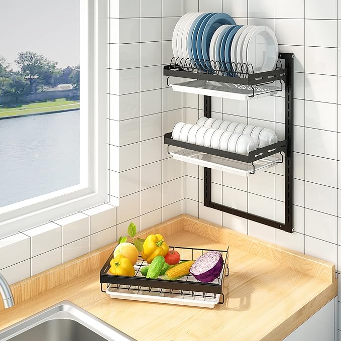 PUSDON Wall Mounted Dish Drying Rack, 3 Tier Stainless Steel Hanging Dish Drainer with Cutlery Holder, Drainboard and Hooks, Fruit Vegetable Kitchen Supplies Plates Bowls Cups Storage Shelf, Black