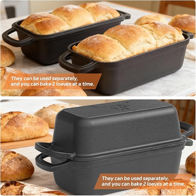 Cast Iron Bread Pan with Lid, Cast Iron Bread Loaf Pan with 2 Silicone Bread Mats, Sourdough Loaf Pan with Lid, Heavy Duty Loaf Pans for Oven Baking Bread, Bread Pans for Homemade Bread(Black)
