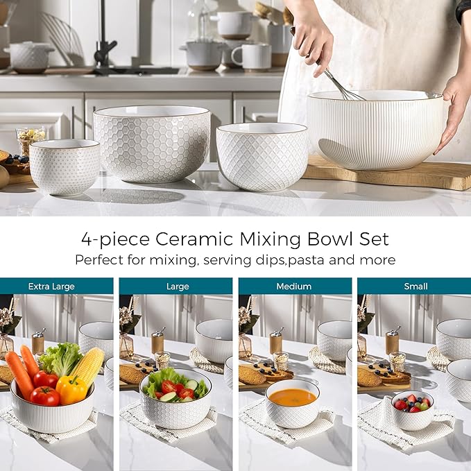 GBhome Ceramic Mixing Bowls Set, 20/45/105/150 oz, Stoneware Nesting Set of 4 embossed Kitchen Serving Bowls, Prep, Baking, Serving, Gift, Microwave and Dishwasher Safe, Dishware Collection-Off White