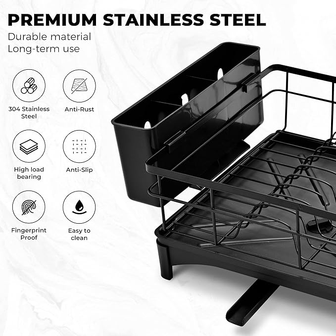 Pukomc Dish Drying Rack, Stainless Steel Iron Dish drainers for Kitchen Counter with Cutlery & Cup Holders,Over The Sink Dish Drying Rack,Large,Black
