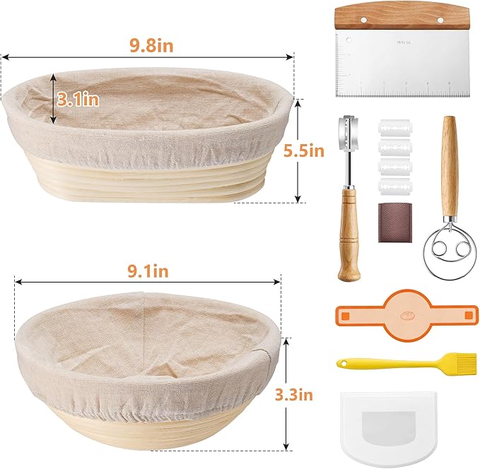 E-far Bread Proofing Basket, 9 Inch Round and 10 Inch Oval Sourdough Bread Baking Supplies, Complete Sourdough Starter Kit for Beginners