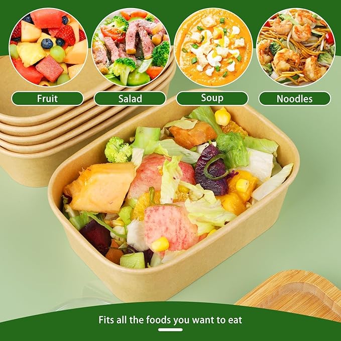 50 Pack 19 oz Paper Bowls, Disposable Food Containers with Lids, Rectangular Disposable Bowls, Disposable Salad Bowls with Lids for Diet Salad, Ice Cream, Yogurt, Party Food