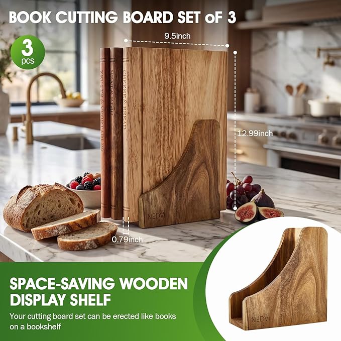 NEDVI Book-Shaped Cutting Board Set with Wooden Stand – Wooden Chopping Boards for Kitchen, Ideal for Vegetables, Cheese, & Meat – Unique Gift Set for Home Cooks & Kitchen Decor