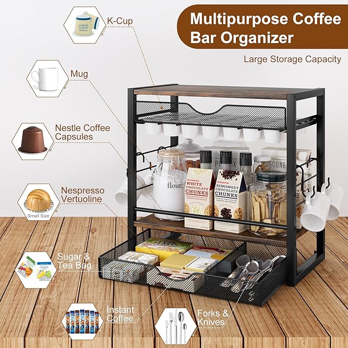 TQVAI Coffee Bar Organizer for Countertop 3-Tier 70 Capsules Coffee Station Organizer with Sliding K Cup Drawer & 4 Coffee Cup Hooks for Coffee Bar Accessories, Black