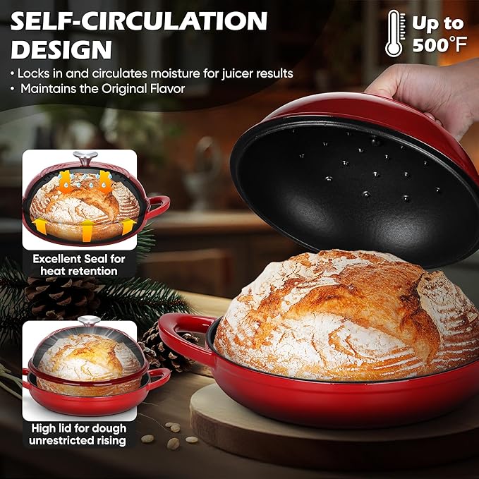 Bread Dutch Oven for Sourdough Baking (5.5 QT), Joyfair Enameled Cast Iron Dutch Oven Pot with Lid, Sourdough Bread Pan with Heavy Duty Dual Handles, Non-Stick & Even Heat, Oven-safe up to 500°F, Red