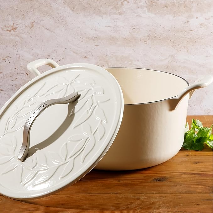 Bloomhouse - Two Time Oprah's Favorite Things Winner - 7 Qt Cast Iron Dutch Oven W/Embossed Lid, European Enamel, & Walnut Wood Trivet - Oat White