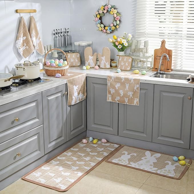 10 Pcs Easter Kitchen Decor Set Easter Kitchen Towels Oven Mitts and Pot Holder Spring Bunny Eggs Flowers Rugs and Mats Brown Rabbit Gloves Potholders for Farmhouse Rustic Baking Cooking BBQ