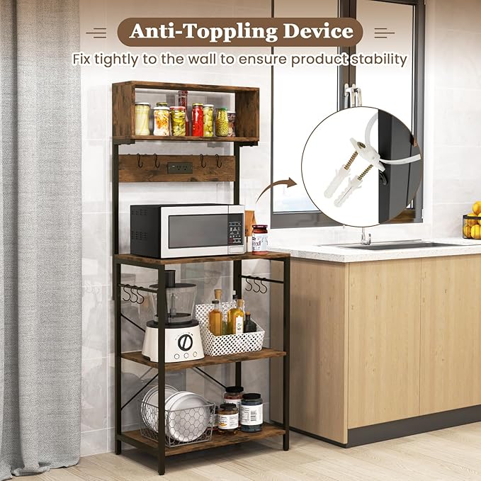 POWERSTONE 2 Kitchen Bakers Rack with Power Outlet, 5-Tier Coffee Bar Cabinet Microwave Stand with 10 S Hooks, Organizers and Storage for Kitchen, Living Room, Balcony & Office