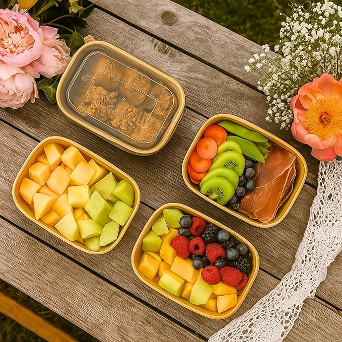 60 Pack 29 oz Kraft Paper Disposable Meal Prep Containers with Lids and Sporks - Microwavable, Freezer Safe and Leakproof Disposable Food Containers Bowls for Lunch Snack Soup Salad Storage
